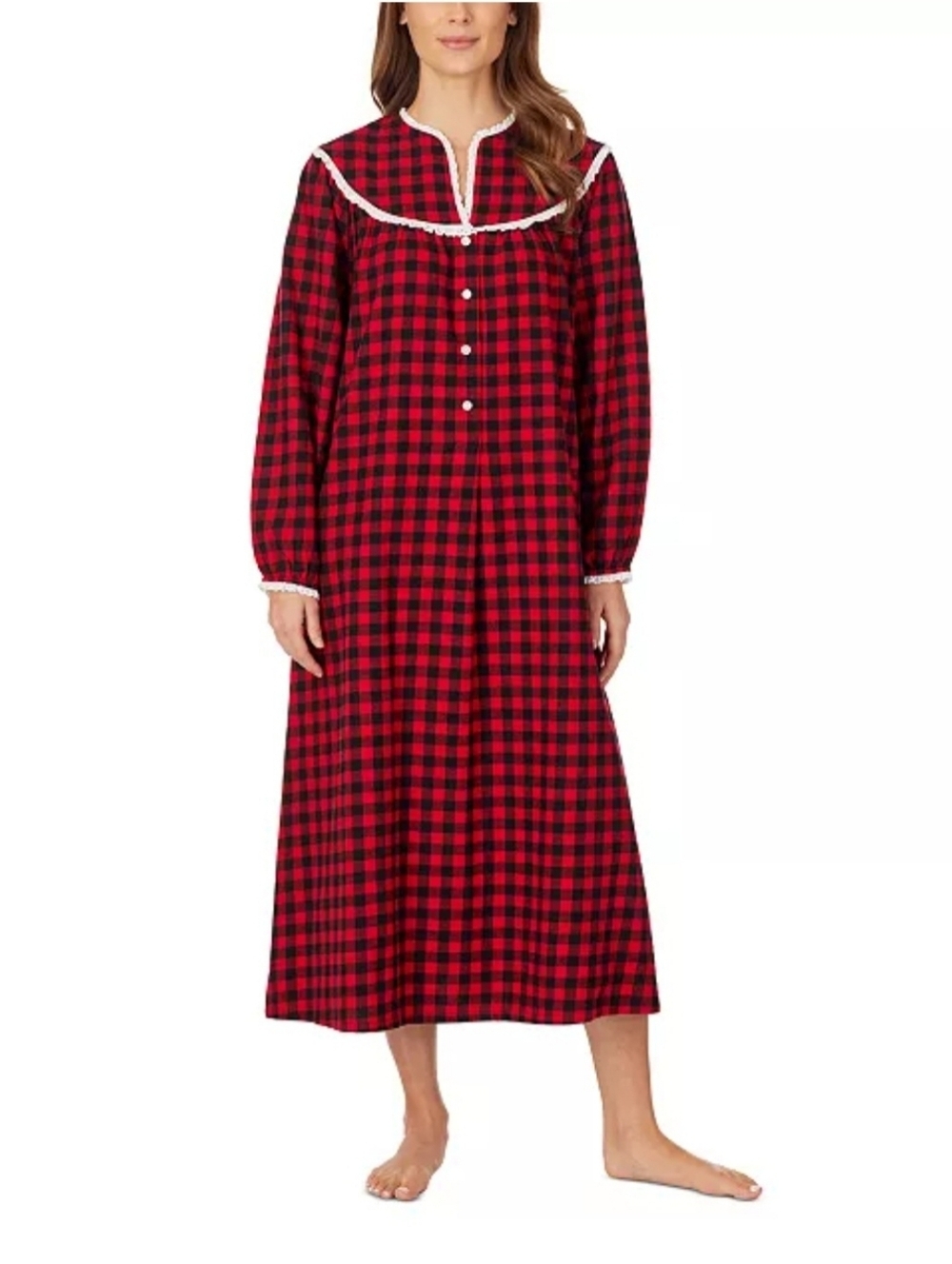 Lanz of Salsburg Women's Red and Black Plaid Lace Trim Pullover Nightgown Size S